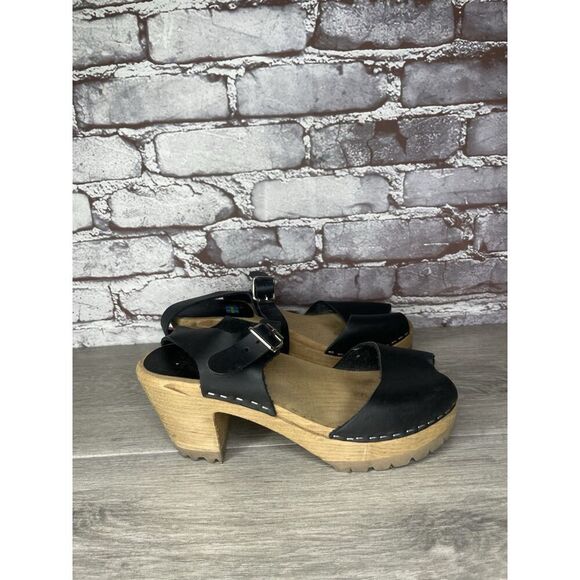 Swedish Hasbeens Black Leather Wooden Heel Peep Toe Ankle Strap Sandals Women 38 - Picture 15 of 16